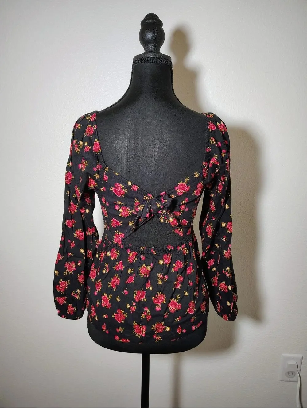 Floral Long Sleve Boho Cottage Core Fairy Black Red Scrunch Stretch Sz Girls L
